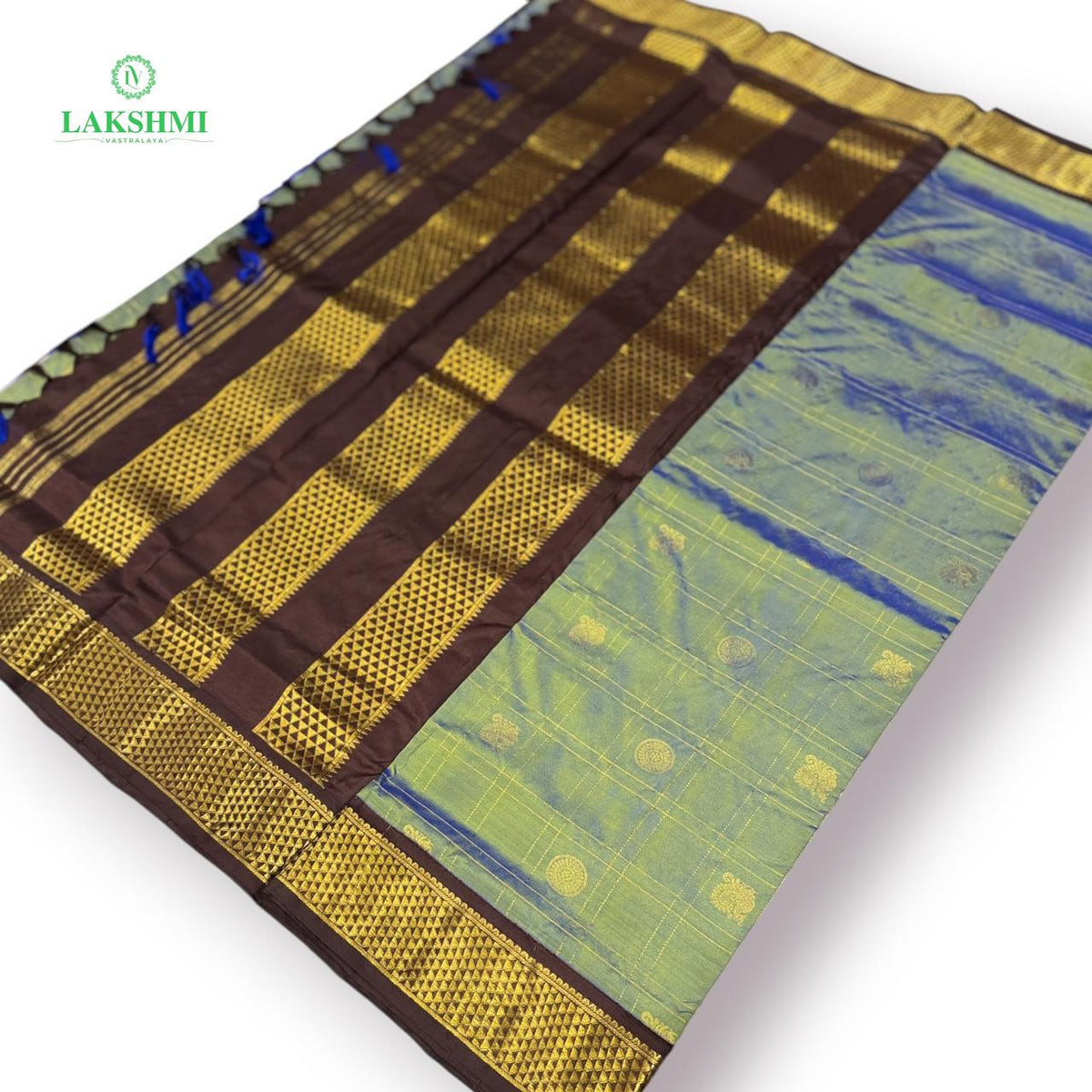 Chakravakam – Pure Kanchipuram Silk Madisar | 10 Yards - Cement Green with Coffee Brown
