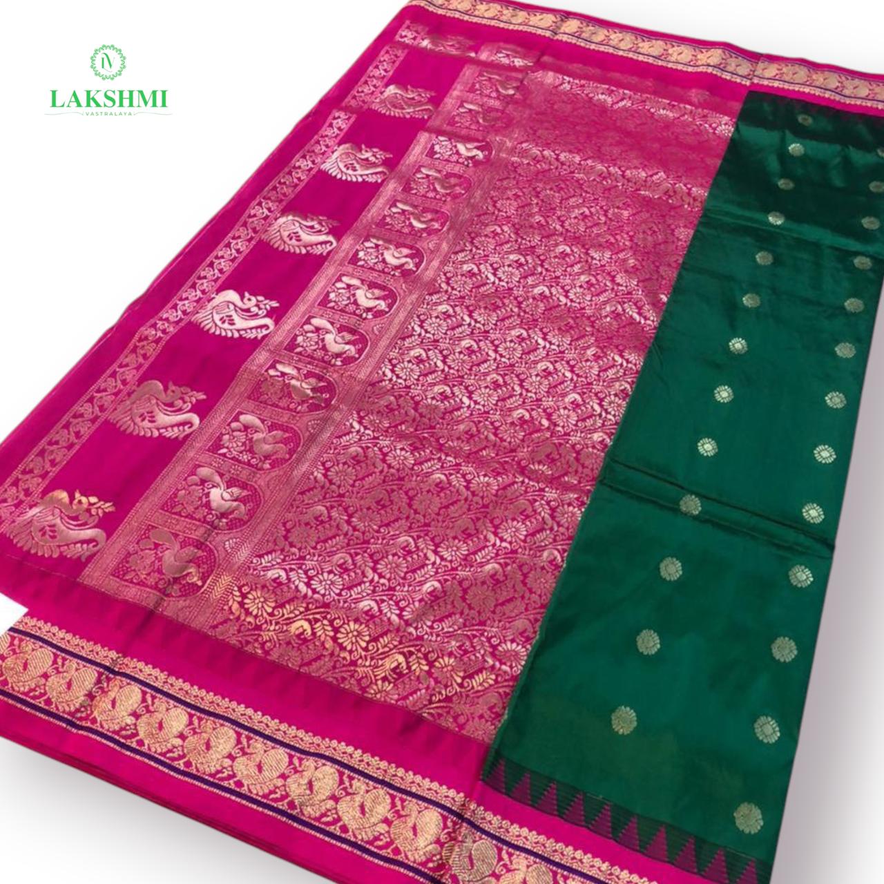 Suvarna – Semi Silk Paithani Madisar 10.5 Yards - Bottle Green with Pink