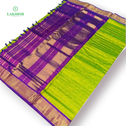 Chakravakam – Pure Kanchipuram Silk Madisar | 10 Yards - Fluroscent Green with Purple