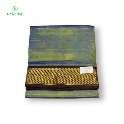 Chakravakam – Pure Kanchipuram Silk Madisar | 10 Yards - Cement Green with Coffee Brown