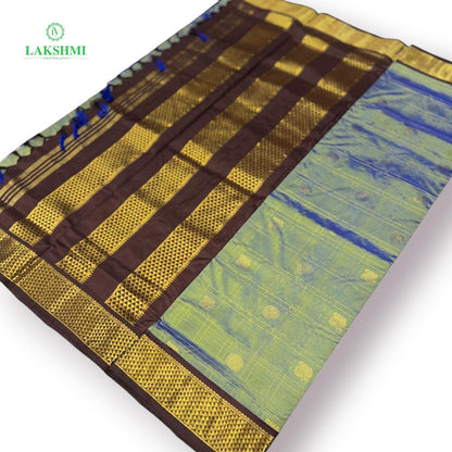 Chakravakam – Pure Kanchipuram Silk Madisar | 10 Yards - Cement Green with Coffee Brown