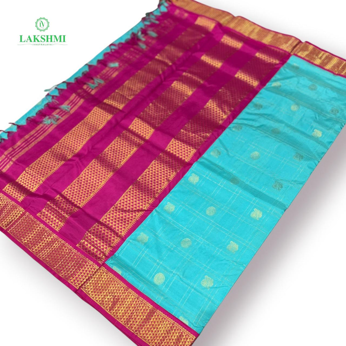 Chakravakam – Pure Kanchipuram Silk Madisar | 10 Yards - ICE BLUE WITH PINK