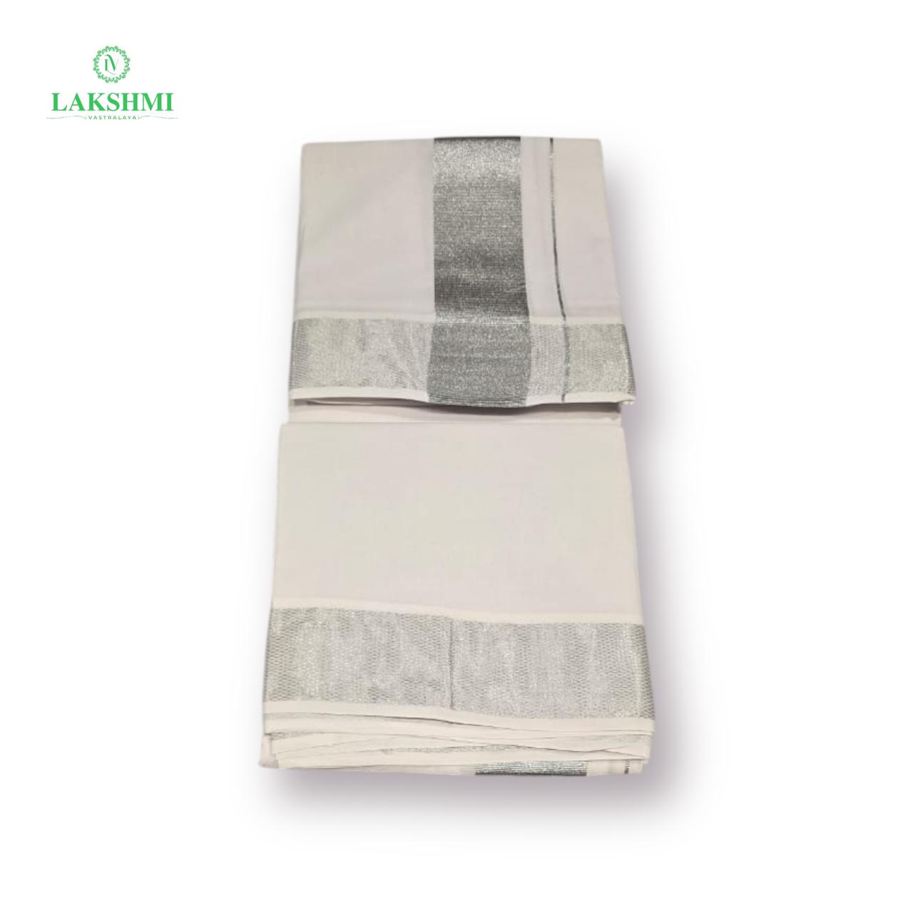 9*5 Bleaced Cotton Dhothi with Silver Zari