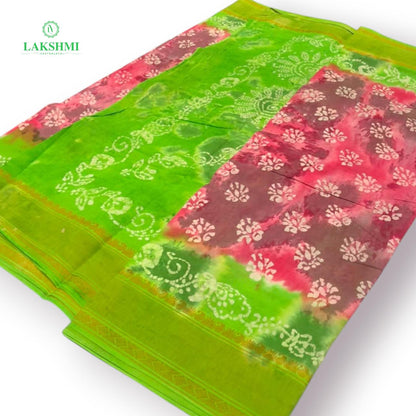 Hindolam 10.5Yards Wax Batik Sungudi - Pink with Green