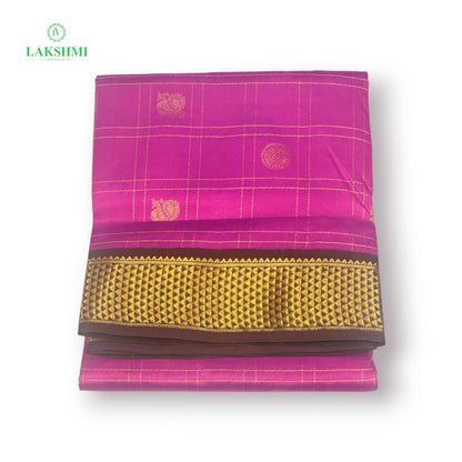 Chakravakam – Pure Kanchipuram Silk Madisar | 10 Yards - Brght Magenta with Coffee Brown