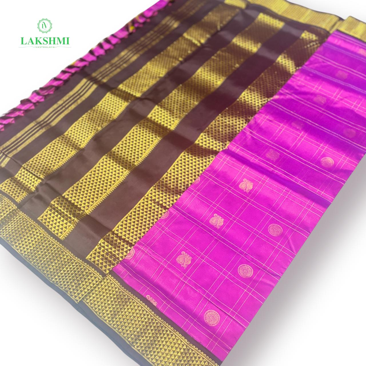 Chakravakam – Pure Kanchipuram Silk Madisar | 10 Yards - Brght Magenta with Coffee Brown