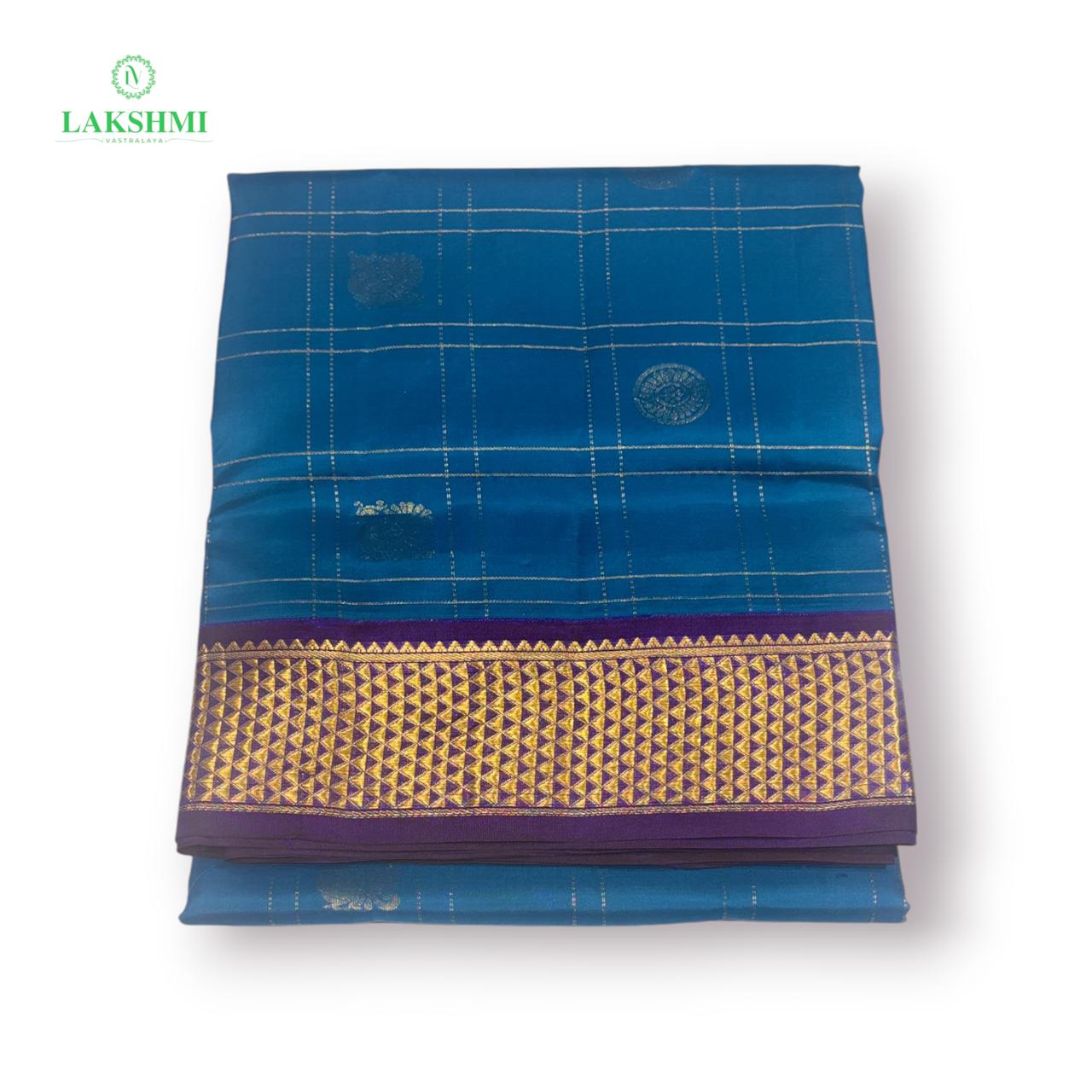 Chakravakam – Pure Kanchipuram Silk Madisar | 10 Yards - Anandha Blue with Purple