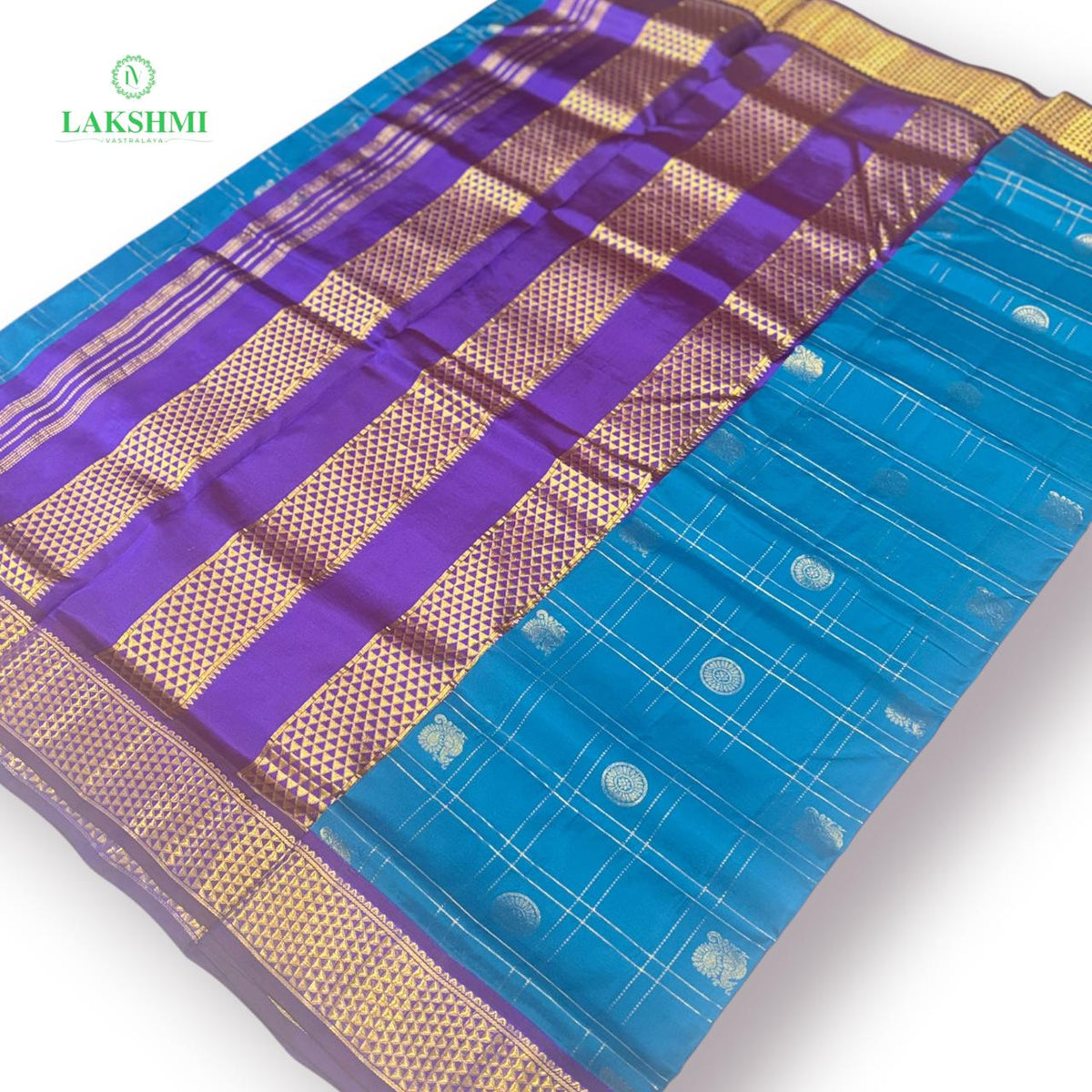 Chakravakam – Pure Kanchipuram Silk Madisar | 10 Yards - Anandha Blue with Purple