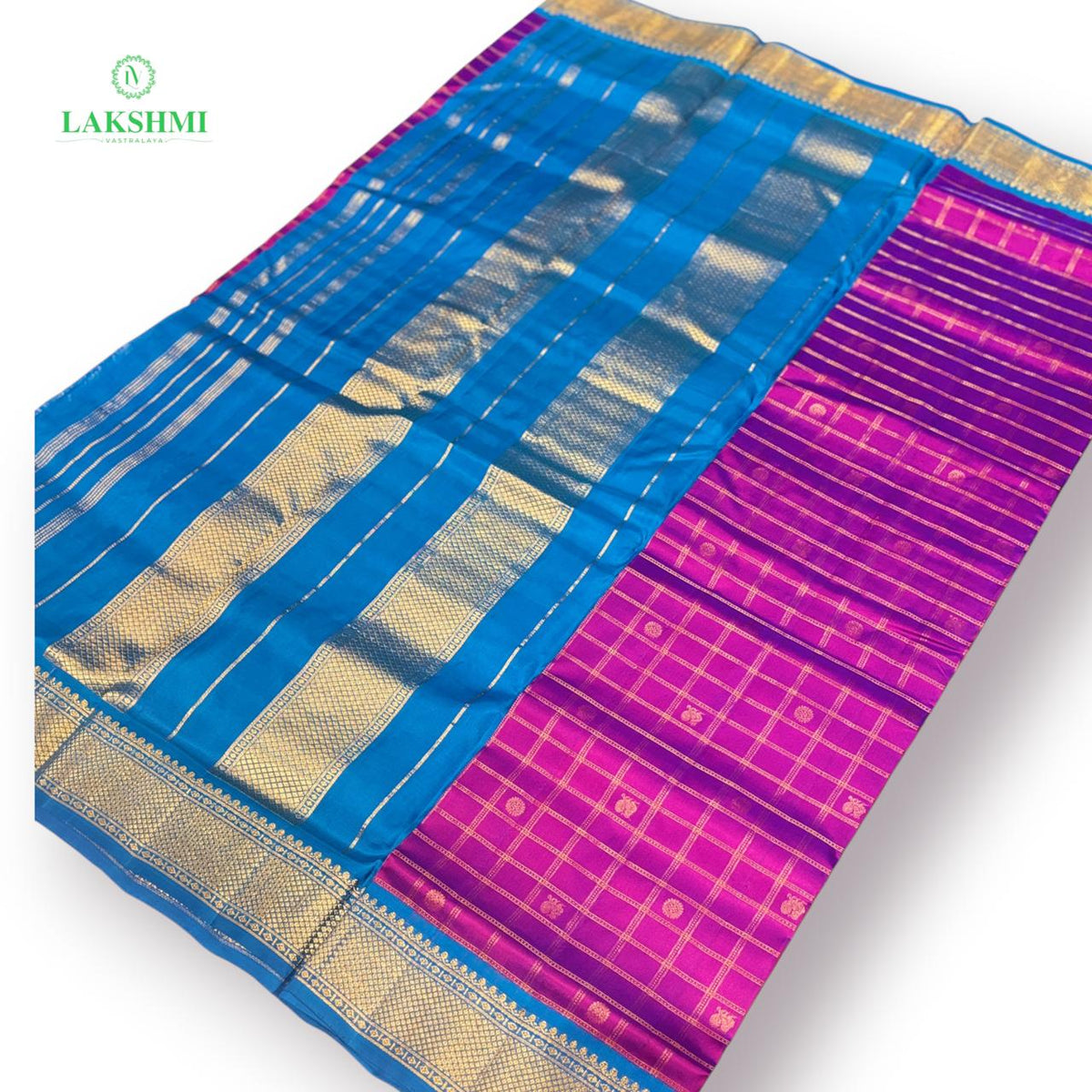 Chakravakam – Pure Kanchipuram Silk Madisar | 10 Yards - Purple with Copper Sulphate Blue