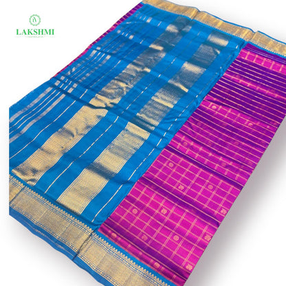 Chakravakam – Pure Kanchipuram Silk Madisar | 10 Yards - Purple with Copper Sulphate Blue