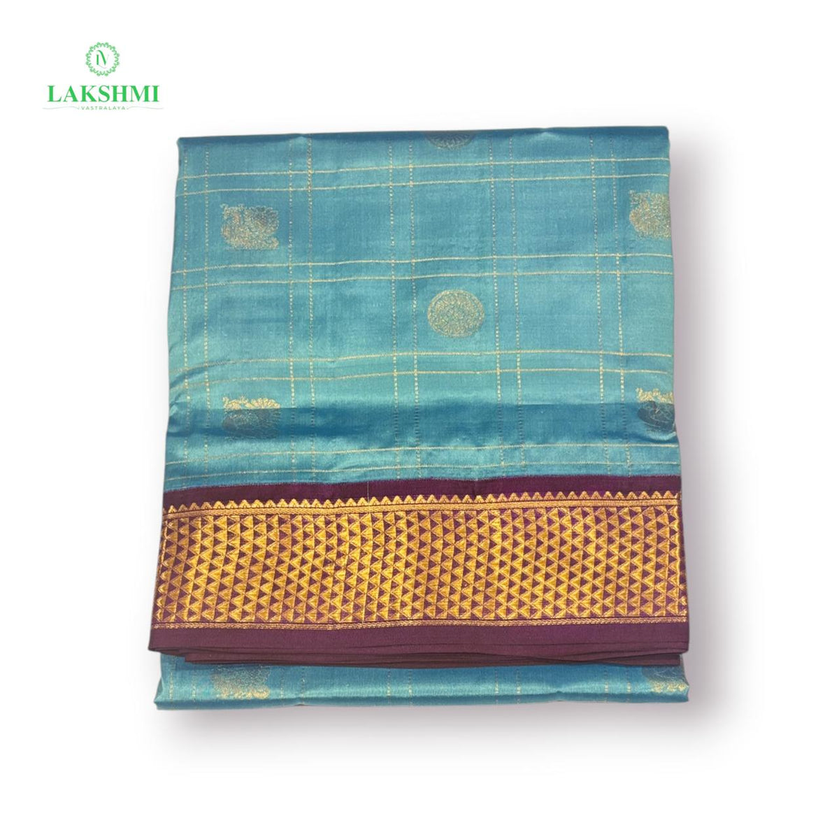 Chakravakam – Pure Kanchipuram Silk Madisar | 10 Yards - Double shaded Ice Blue with Purple