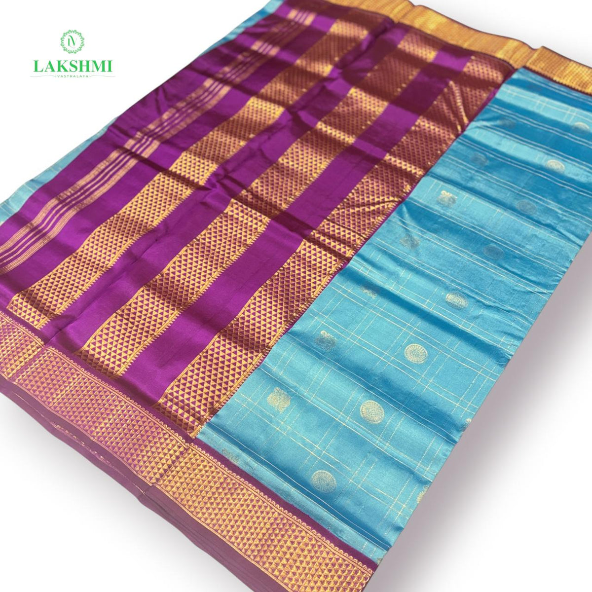 Chakravakam – Pure Kanchipuram Silk Madisar | 10 Yards - Double shaded Ice Blue with Purple
