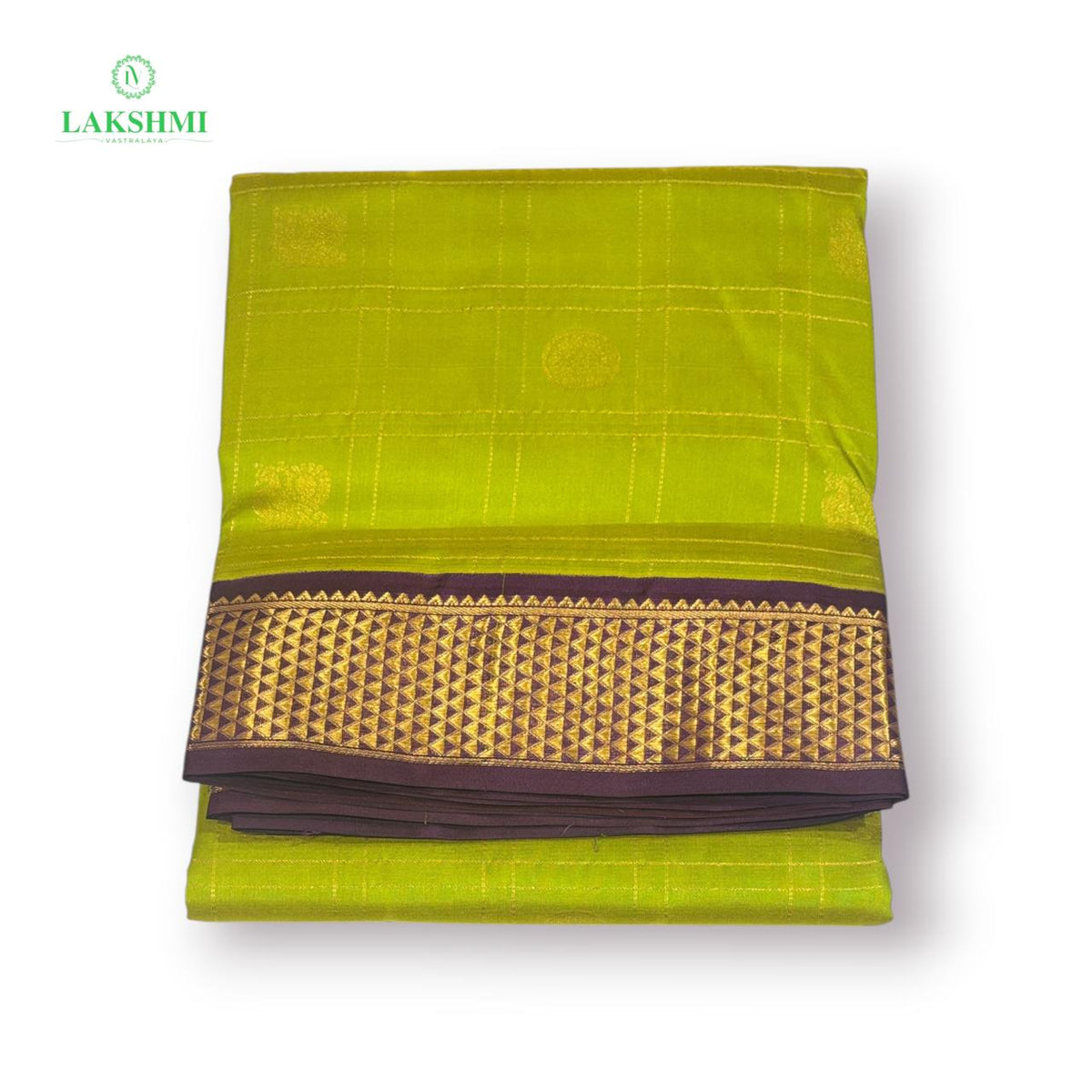Chakravakam – Pure Kanchipuram Silk Madisar | 10 Yards - Parrot Green with Violet-Purple