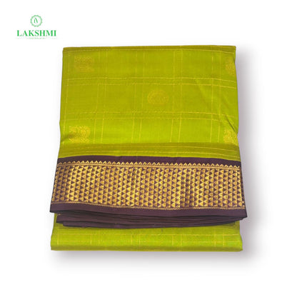Chakravakam – Pure Kanchipuram Silk Madisar | 10 Yards - Parrot Green with Violet-Purple