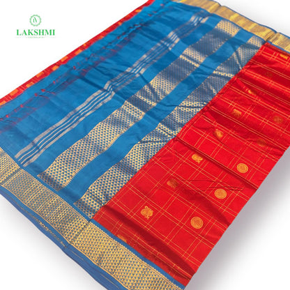 Chakravakam – Pure Kanchipuram Silk Madisar | 10 Yards - Bright Arakku with Copper Sulphate Blue