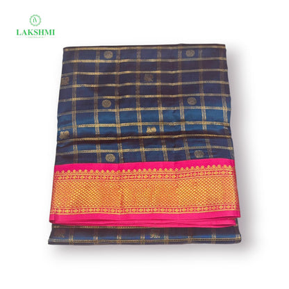 Chakravakam – Pure Kanchipuram Silk Madisar | 10 Yards - Navy Blue with Pink