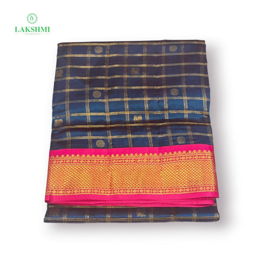 Chakravakam – Pure Kanchipuram Silk Madisar | 10 Yards - Navy Blue with Pink