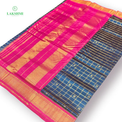 Chakravakam – Pure Kanchipuram Silk Madisar | 10 Yards - Navy Blue with Pink