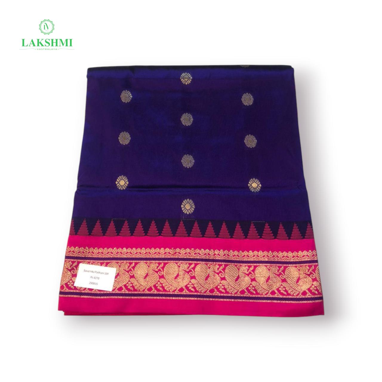 Suvarna – Semi Silk Paithani Madisar 10.5 Yards - Navy Blue with Pink