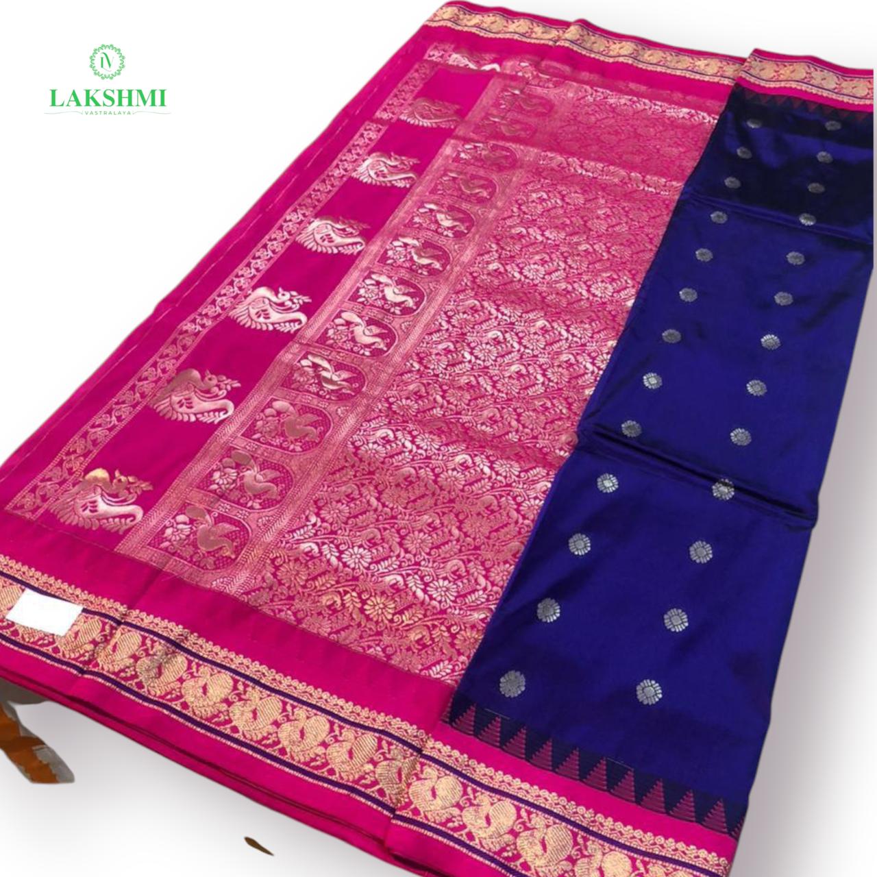 Suvarna – Semi Silk Paithani Madisar 10.5 Yards - Navy Blue with Pink