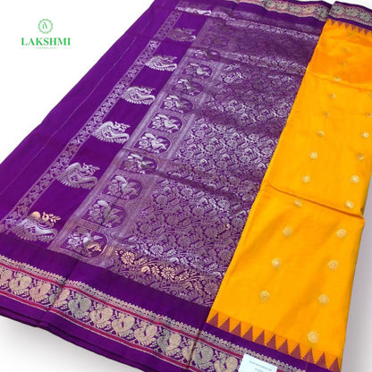 Suvarna – Semi Silk Paithani Madisar 10.5 Yards - Mustard Yellow with Purple