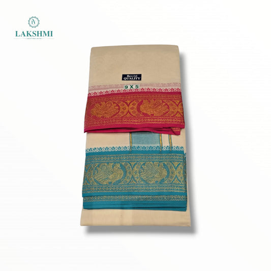 Bhairav – 9*5 Cotton Dhothi Unbleached with 5" Jacquard Border