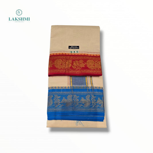 Bhairav – 9*5 Cotton Dhothi Unbleached with 5" Jacquard Border