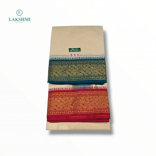 Bhairav – 9*5 Cotton Dhothi Unbleached with 5" Jacquard Border