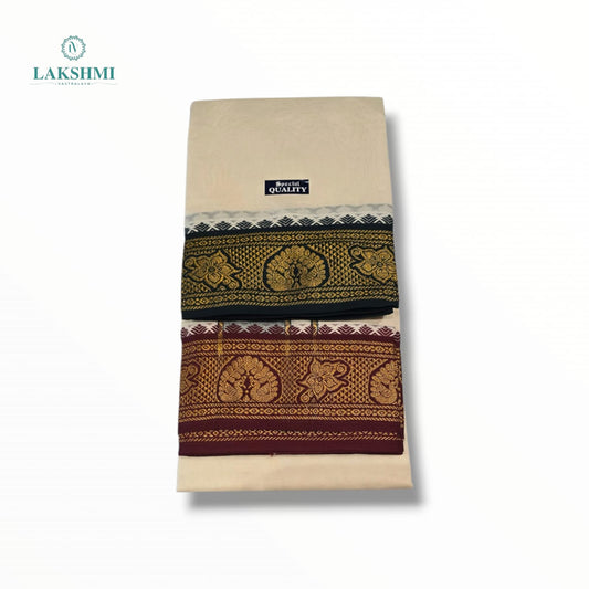 Bhairav – 9*5 Cotton Dhothi Unbleached with 5" Jacquard Border