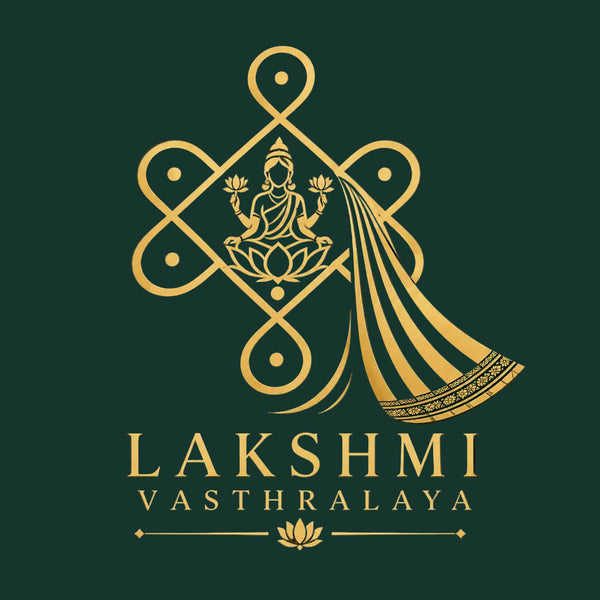 Gold Lakshmi Vasthralaya logo featuring a seated goddess motif within an ornate geometric emblem, with the text 'LAKSHMI VASTHRALAYA' below on a dark green background.